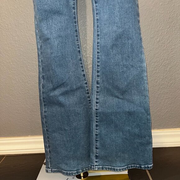 MO&Co. Blue Denim Overall Jumpsuit Front Button Bib Zip Fly Bell Bottom NWOT XS - Picture 5 of 12